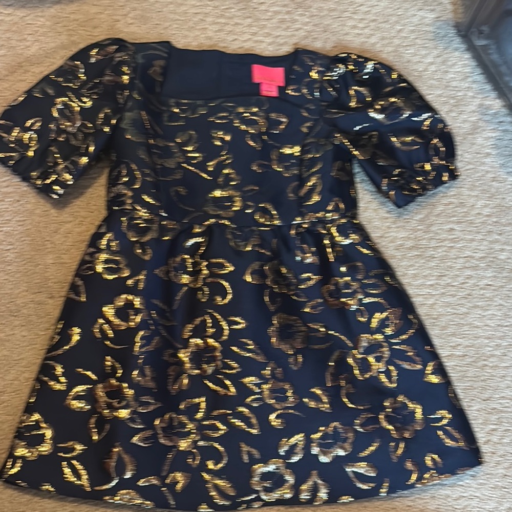 Lilly Pulitzer Blue and Gold Fit and Flare Dress with Puff Sleeves
